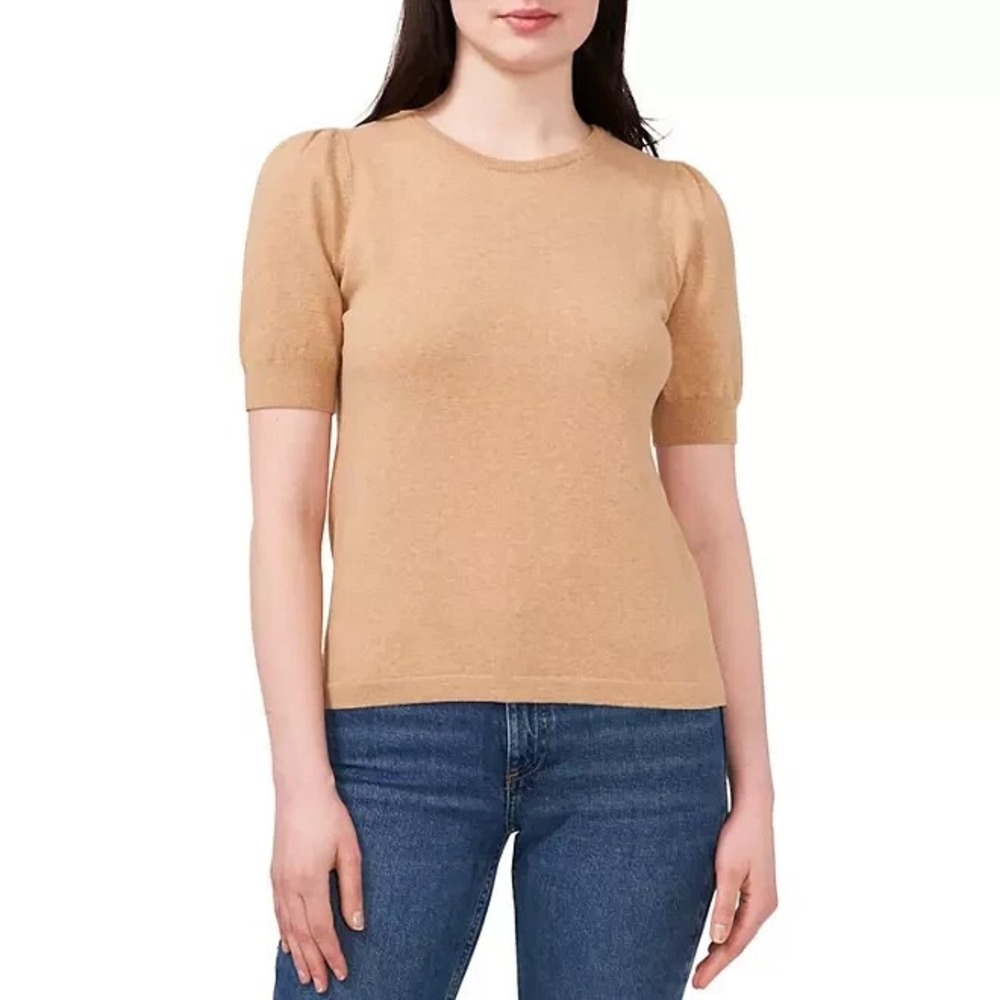Vince Camuto Womens Short Sleeve Sweater XXL Latte Heather Brown Puff Sleeve